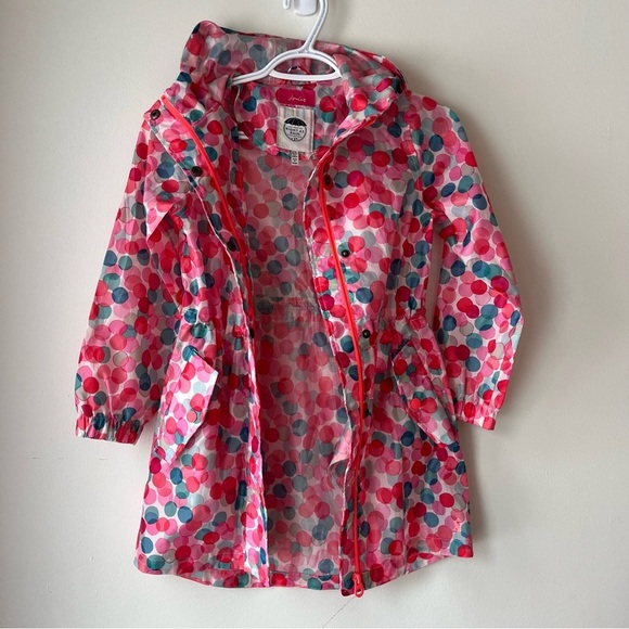 Joules girls 7-8 long cinch waist hooded rain jacket coat polka dot colourful - Picture 10 of 11